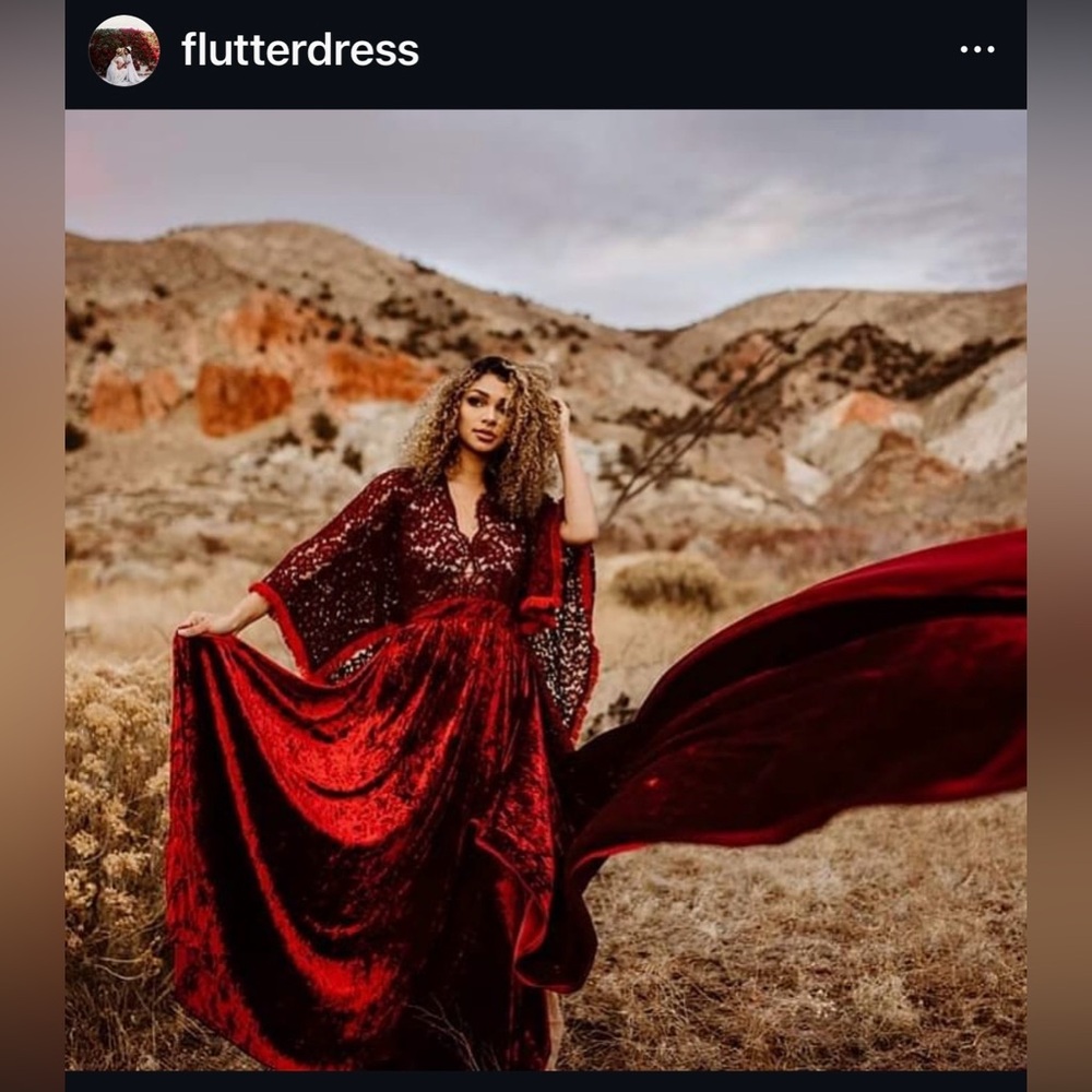 Red Velvet Lace Flutter Dress | Boho Dramatic Gown | One Size